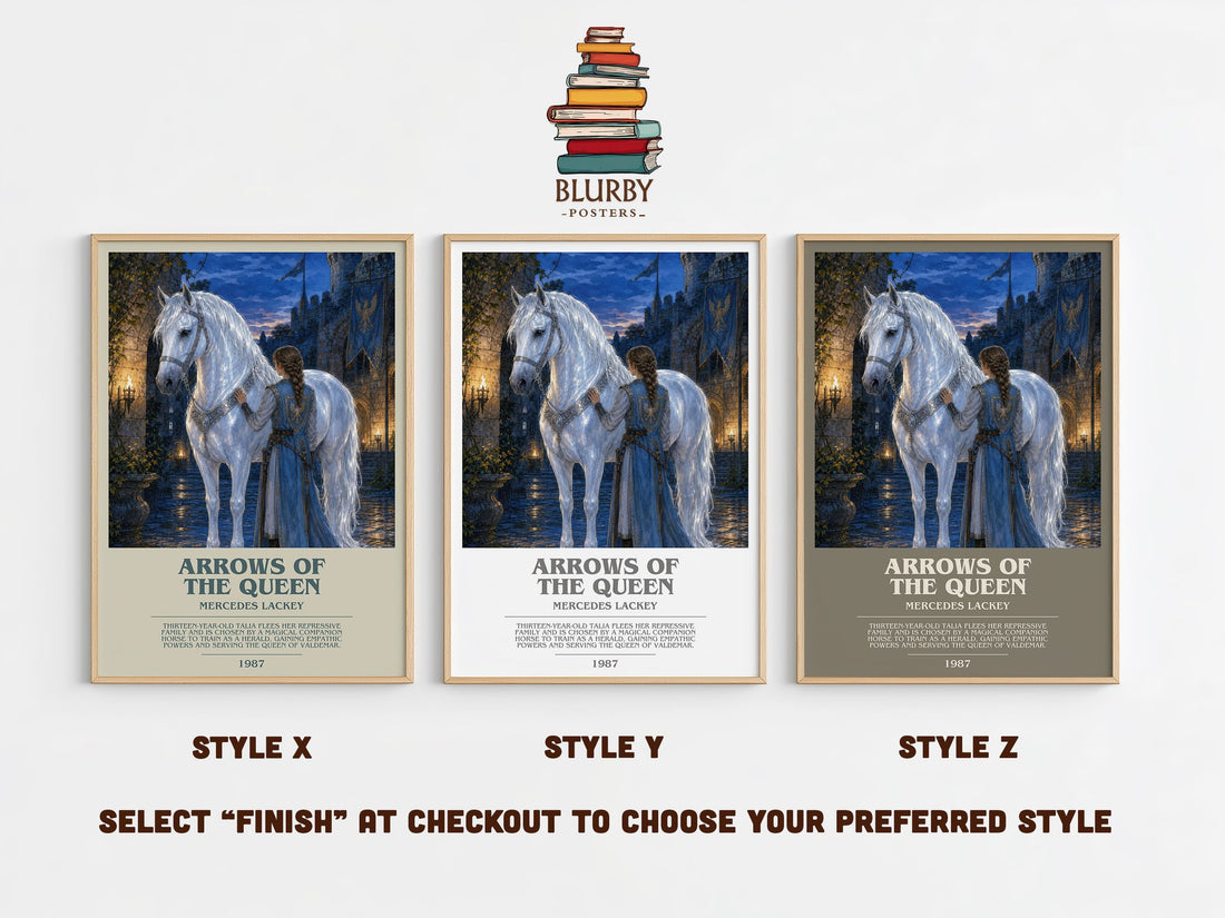 Arrows of the Queen bookish print in frame leaning in hallway – fantasy wall art (mockup)