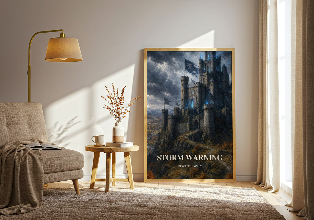 Storm Warning watercolour print in frame leaning in hallway – fantasy wall art (mockup)
