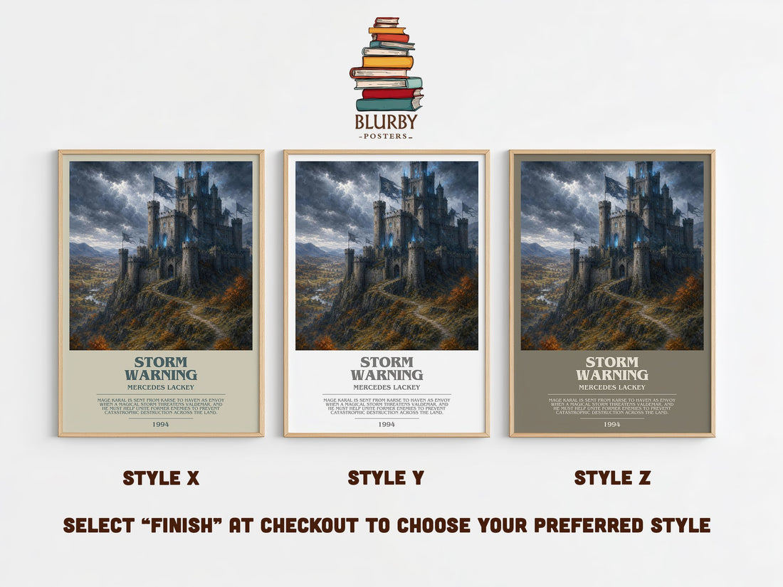 Storm Warning bookish print in frame leaning in hallway – fantasy wall art (mockup)