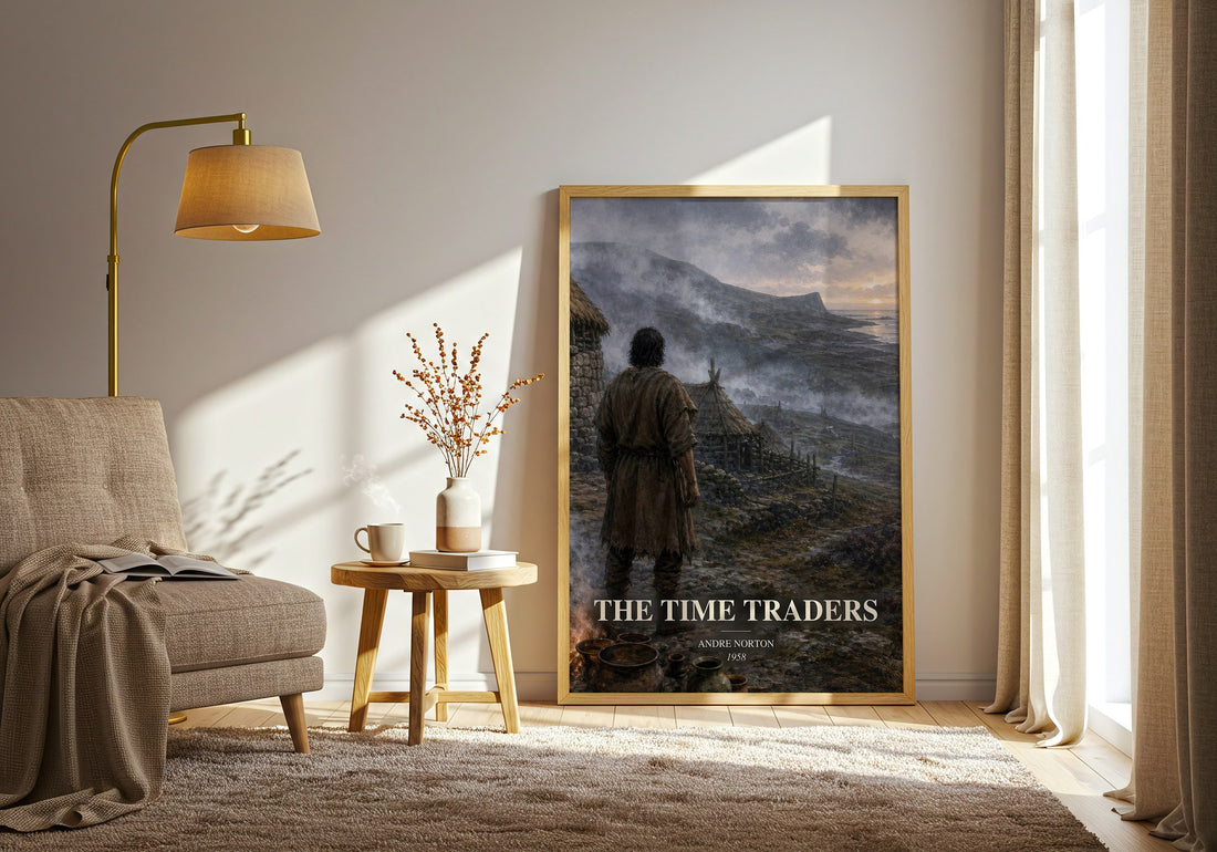 The Time Traders watercolour print in frame leaning in hallway – sci fi wall art (mockup)