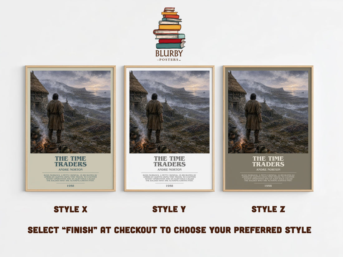 The Time Traders bookish print in frame leaning in hallway – sci fi wall art (mockup)