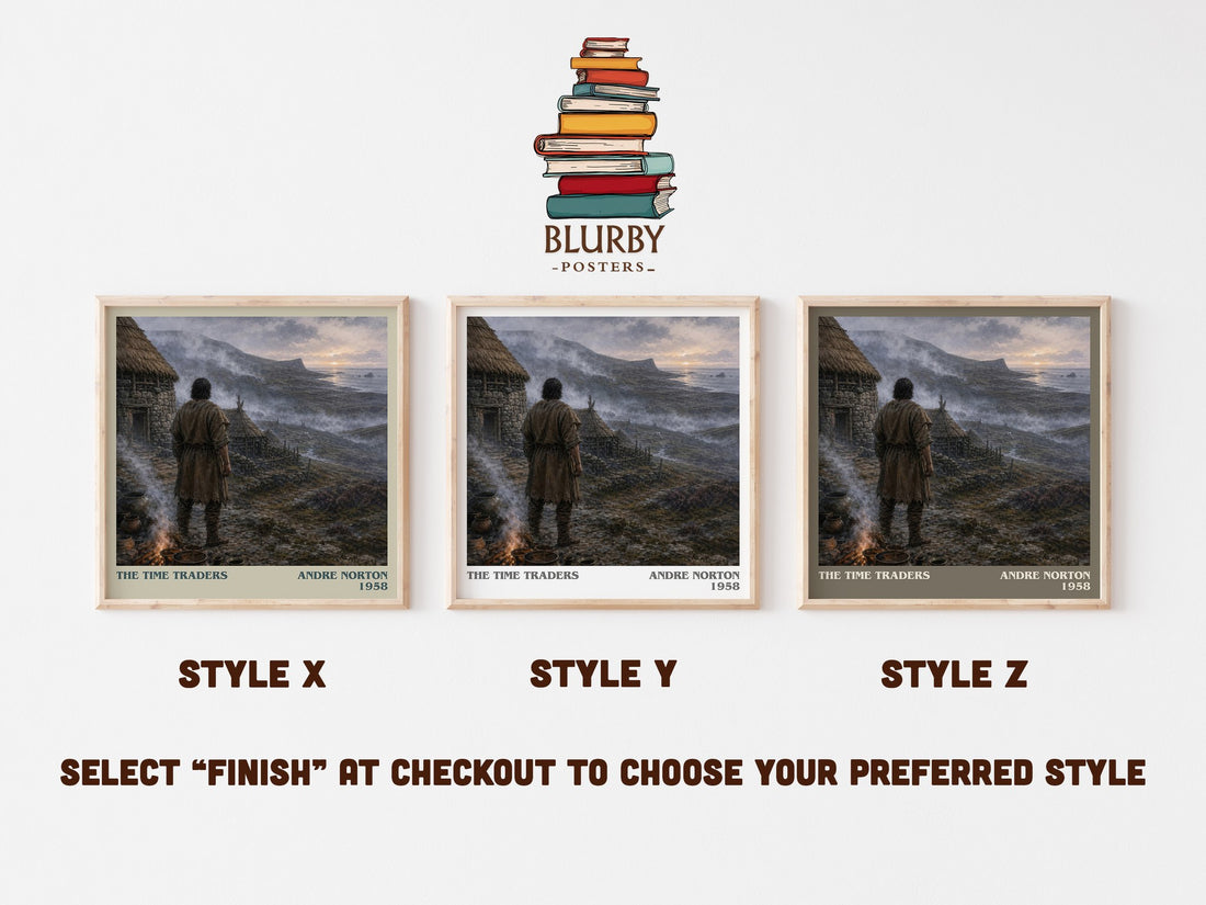 The Time Traders literary print in frame leaning in hallway – sci fi wall art (mockup)