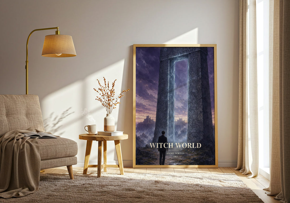 Witch World watercolour print in frame leaning in hallway – fantasy wall art (mockup)