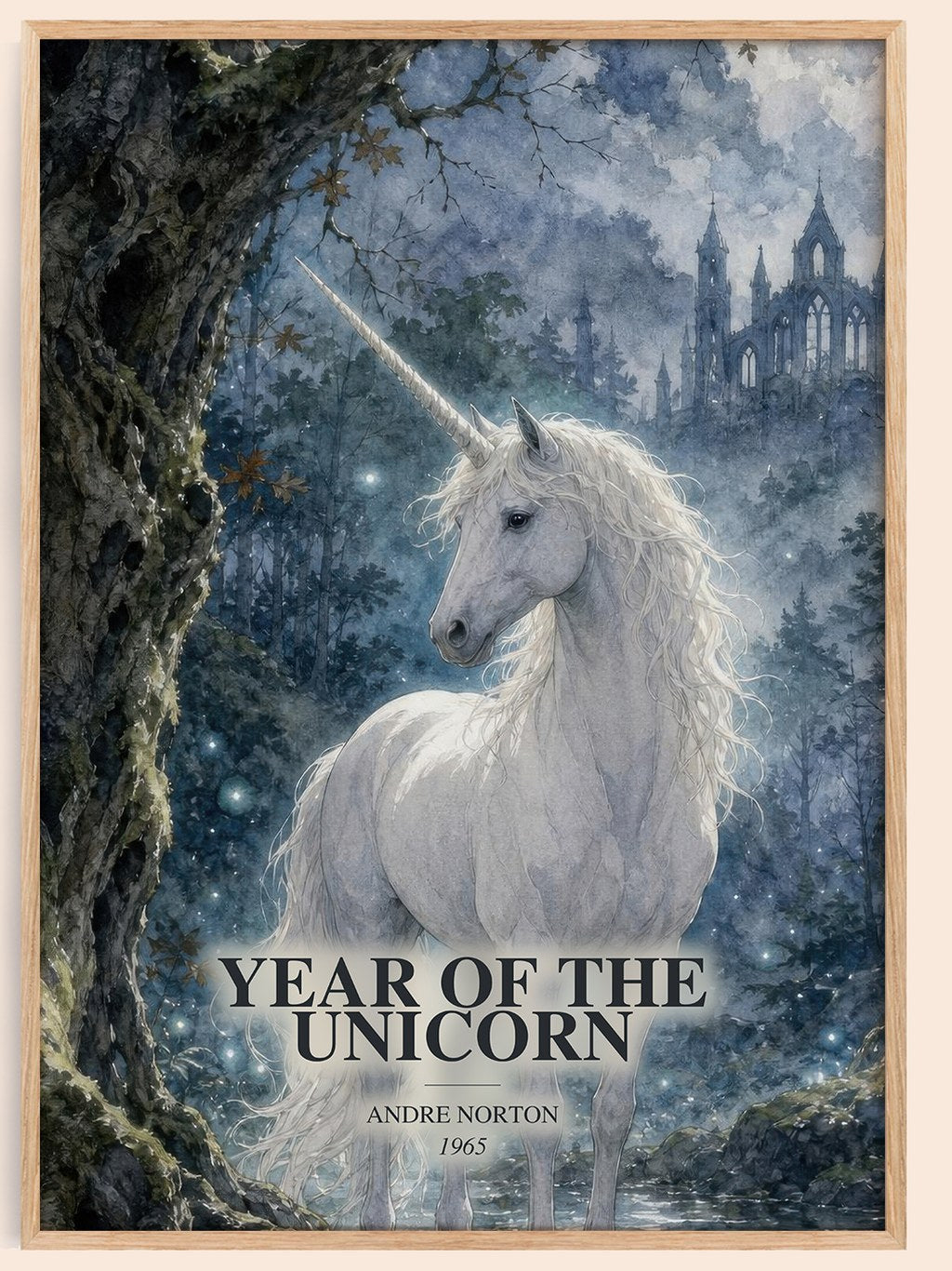 Year of the Unicorn watercolour book poster by Andre Norton – framed literary art print