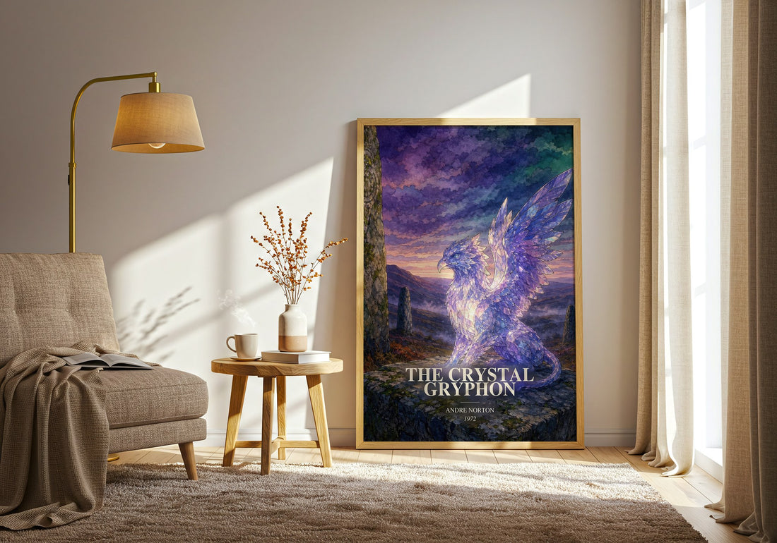 The Crystal Gryphon watercolour print in frame leaning in hallway – fantasy wall art (mockup)