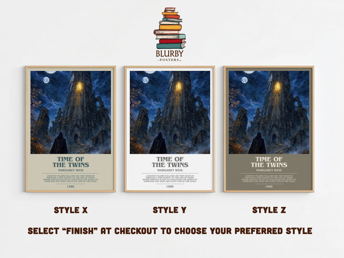 Time of the Twins bookish print in frame leaning in hallway – fantasy wall art (mockup)