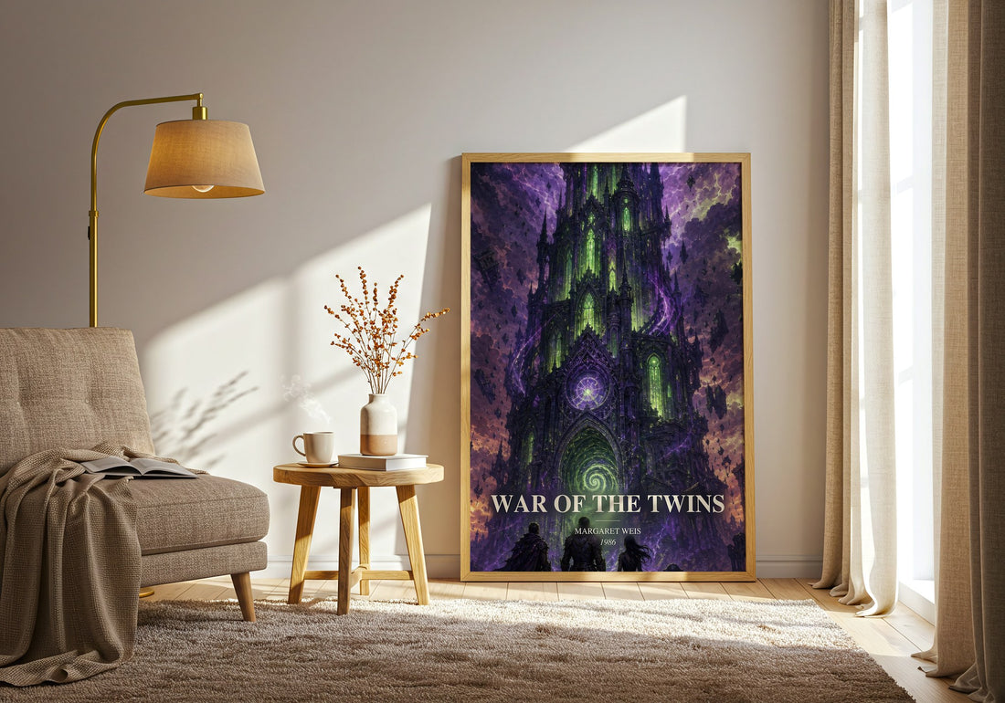 War of the Twins watercolour print in frame leaning in hallway – fantasy wall art (mockup)