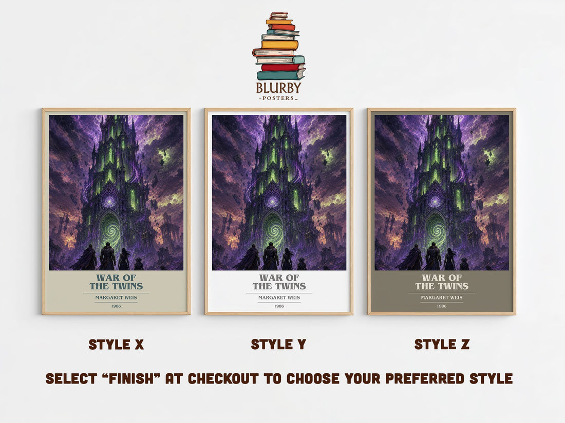 War of the Twins book cover print in frame leaning in hallway – fantasy wall art (mockup)