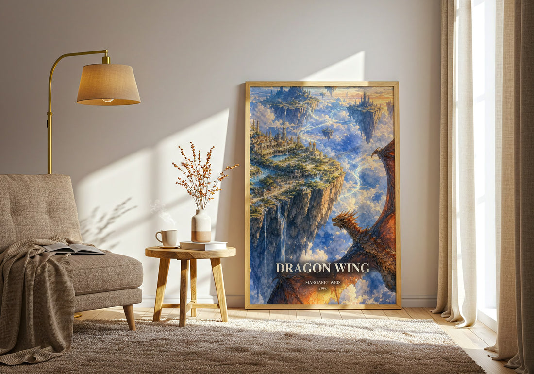 Dragon Wing watercolour print in frame leaning in hallway – fantasy wall art (mockup)