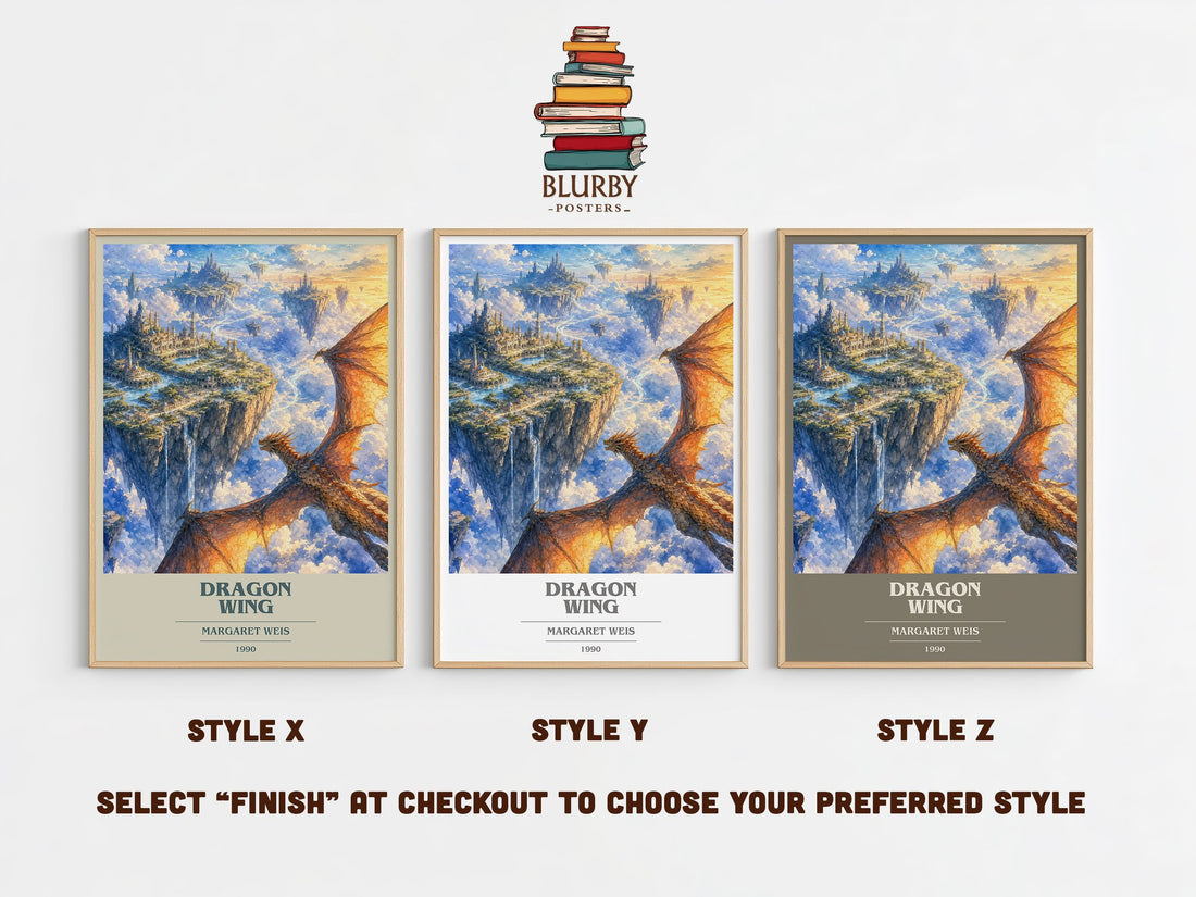 Dragon Wing book cover print in frame leaning in hallway – fantasy wall art (mockup)
