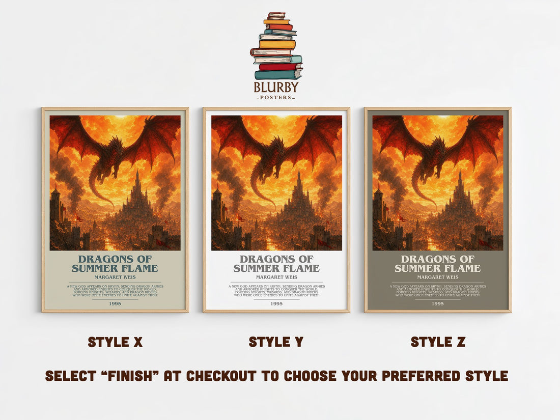 Dragons of Summer Flame bookish print in frame leaning in hallway – fantasy wall art (mockup)
