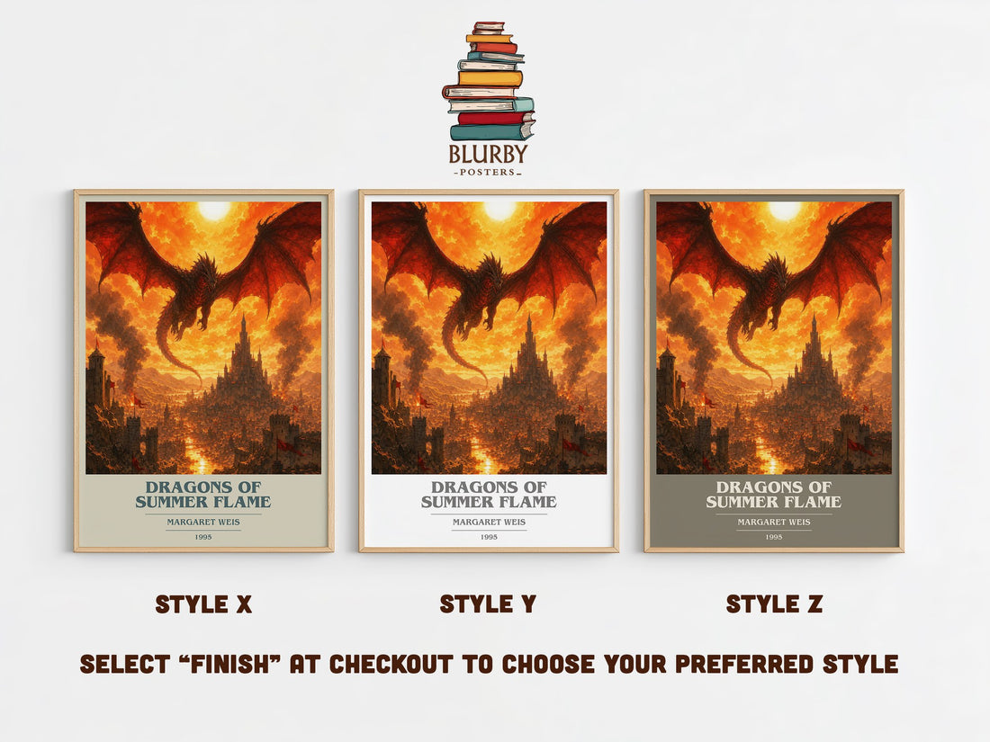 Dragons of Summer Flame book cover print in frame leaning in hallway – fantasy wall art (mockup)