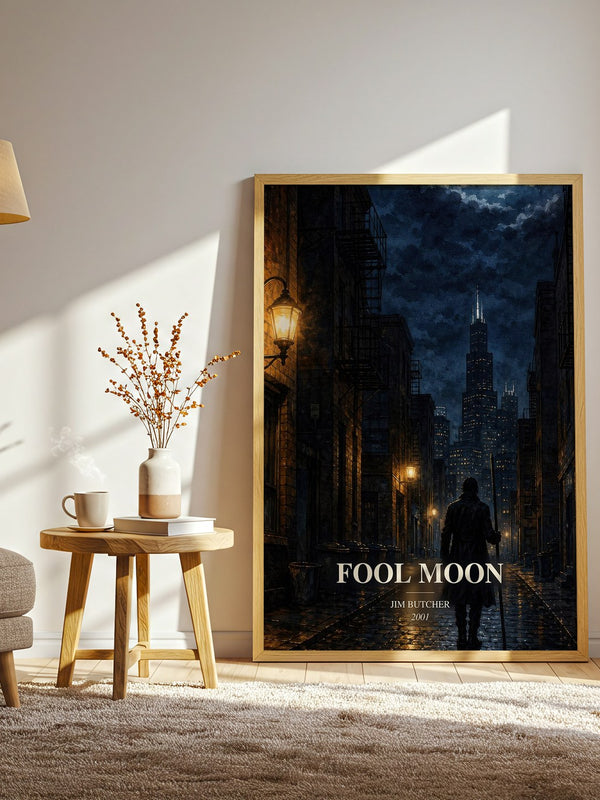 Fool Moon watercolour print in frame leaning in hallway – fantasy wall art