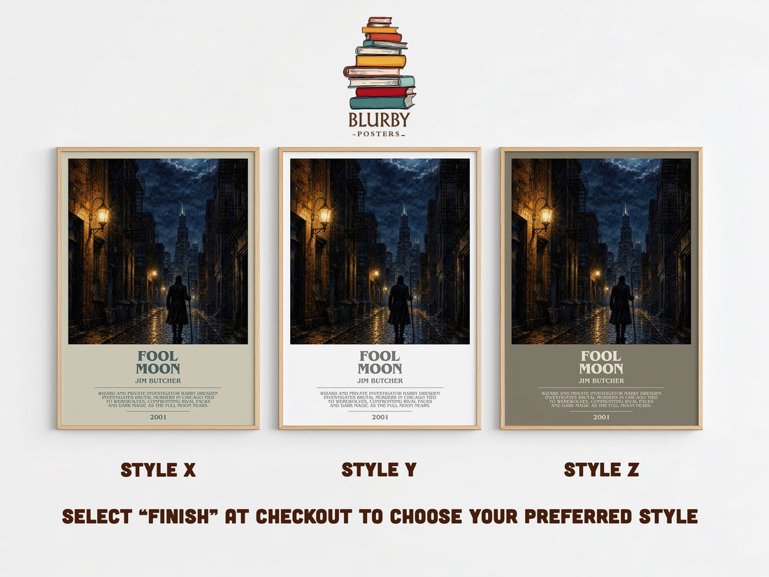 Fool Moon bookish print in frame leaning in hallway – fantasy wall art (mockup)
