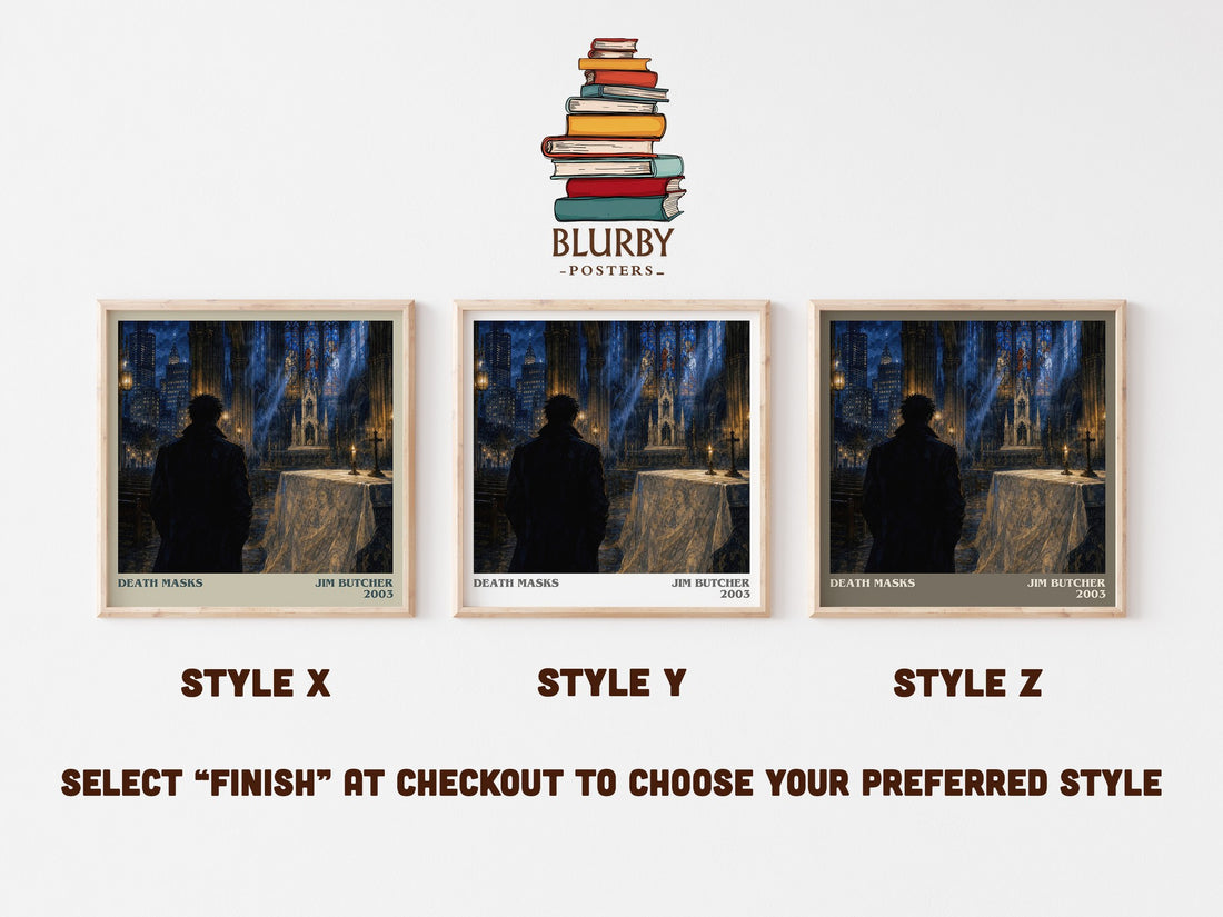 Death Masks literary print in frame leaning in hallway – fantasy wall art (mockup)