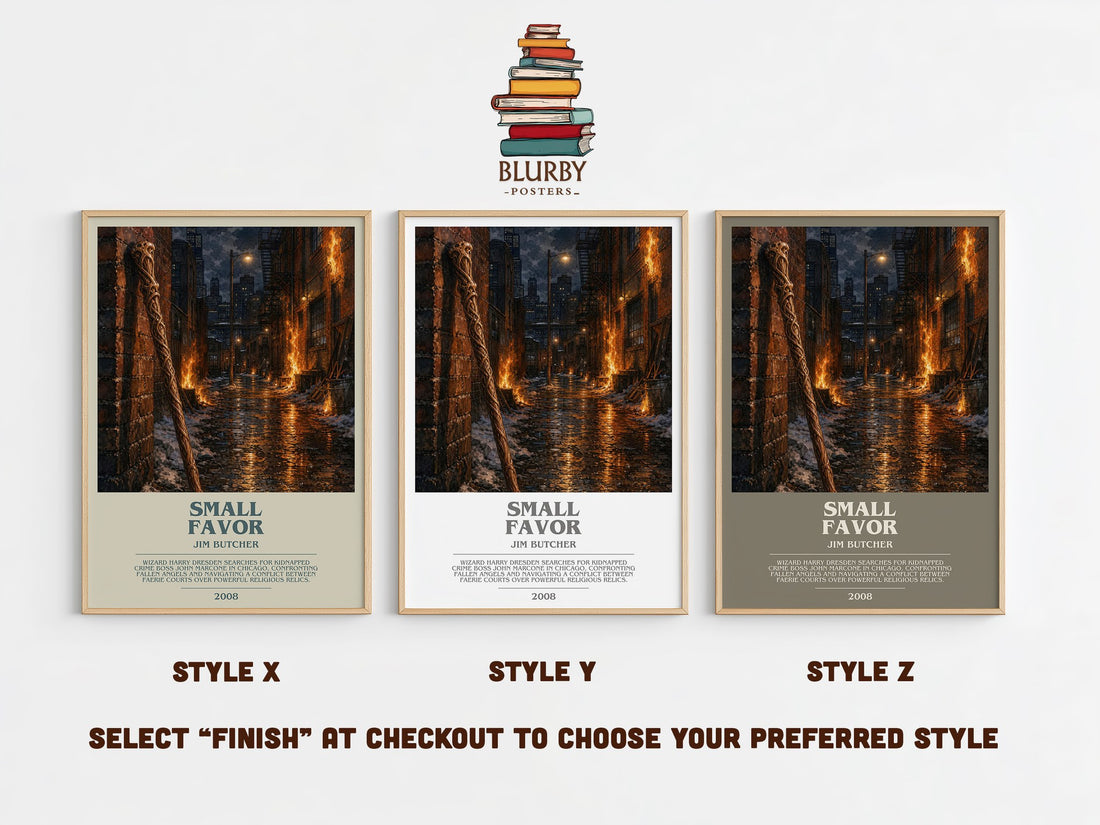 Small Favor bookish print in frame leaning in hallway – fantasy wall art (mockup)