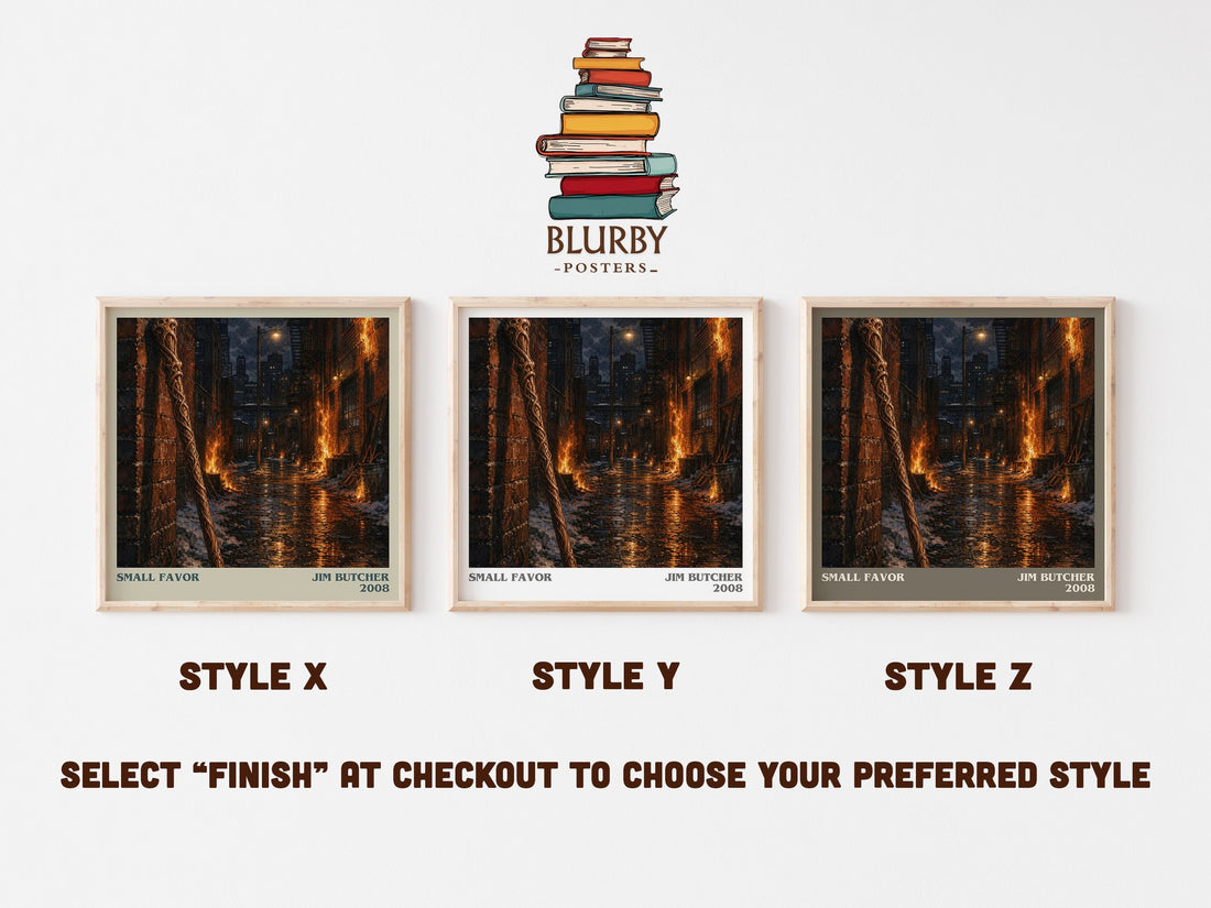 Small Favor literary print in frame leaning in hallway – fantasy wall art (mockup)