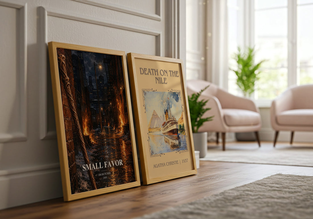 Small Favor watercolour print framed by window – literary home decor