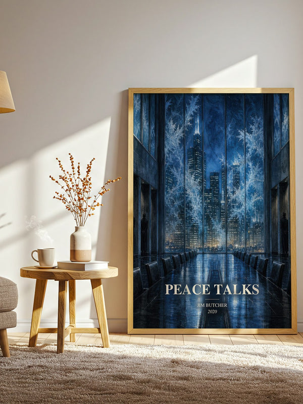 Peace Talks watercolour print in frame leaning in hallway – fantasy wall art