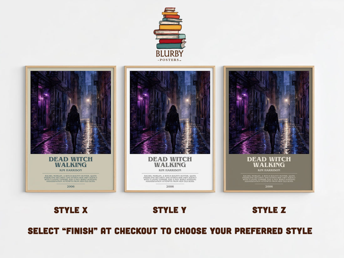Dead Witch Walking bookish print in frame leaning in hallway – fantasy wall art (mockup)