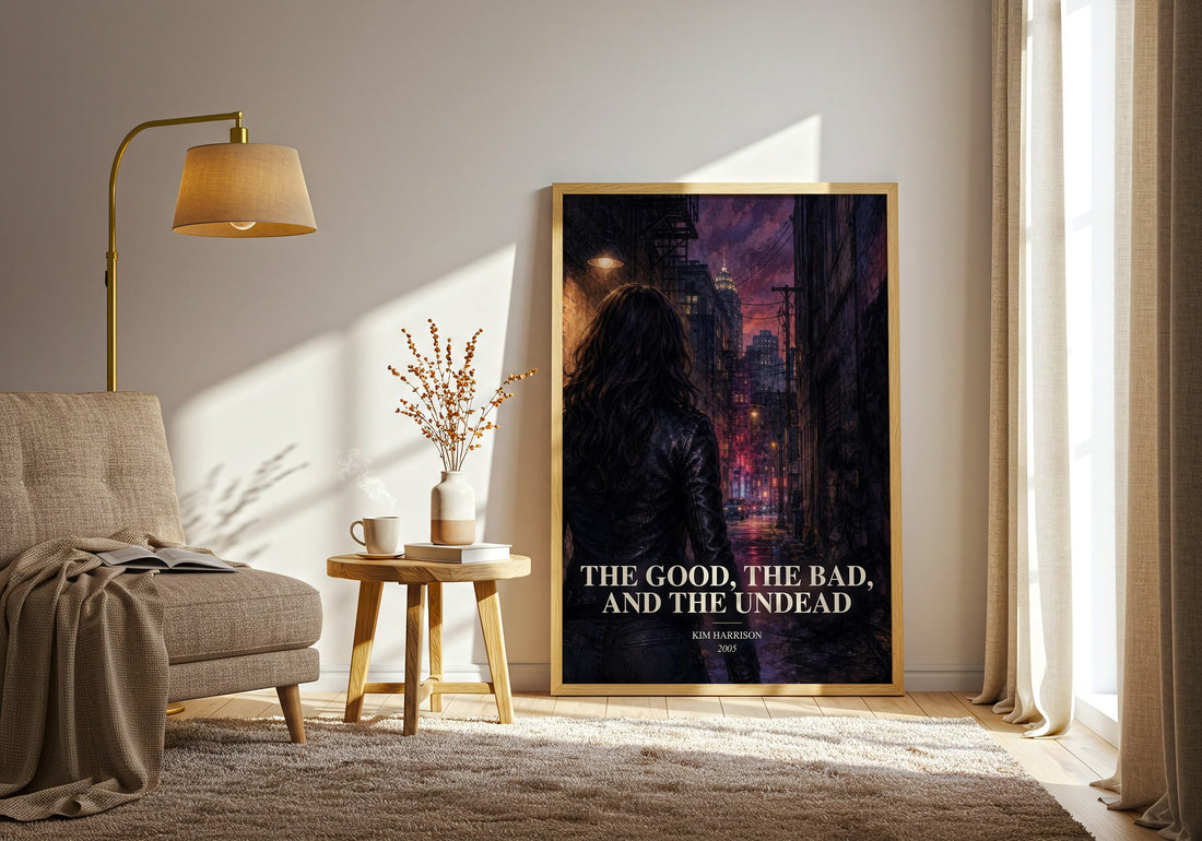 The Good, the Bad, and the Undead watercolour print in frame leaning in hallway – fantasy wall art (mockup)