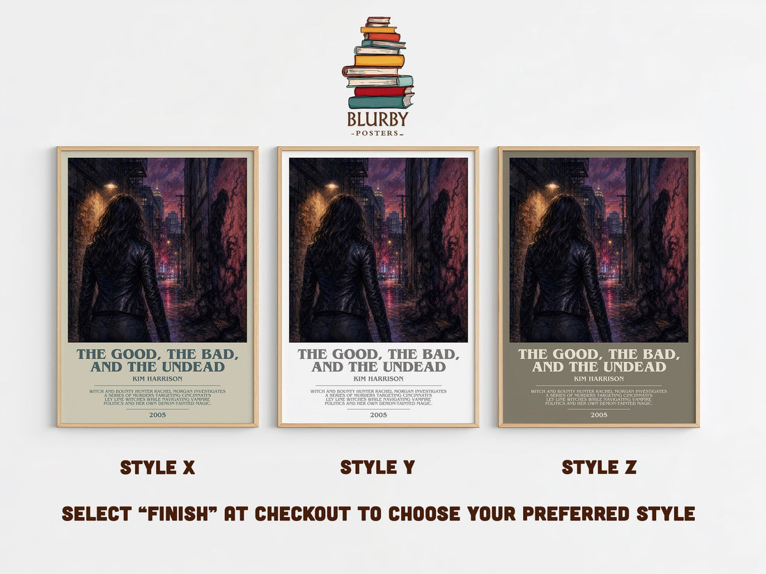 The Good, the Bad, and the Undead bookish print in frame leaning in hallway – fantasy wall art (mockup)