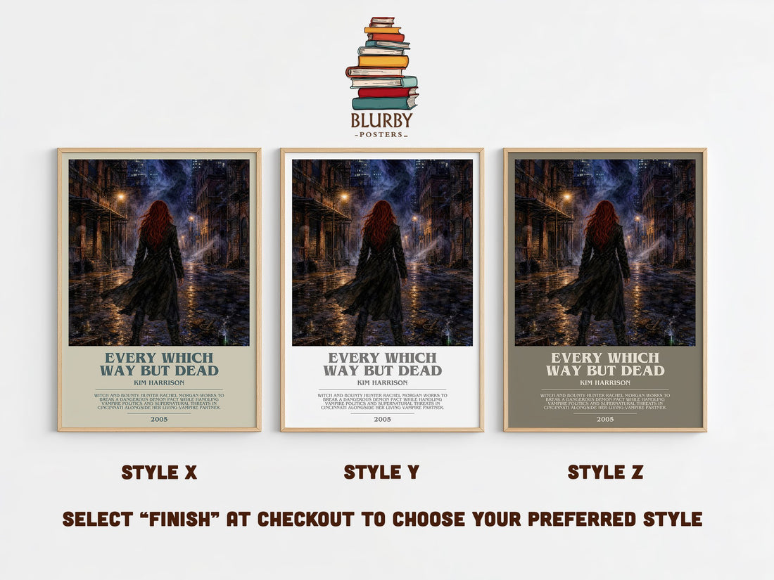 Every Which Way But Dead bookish print in frame leaning in hallway – fantasy wall art (mockup)