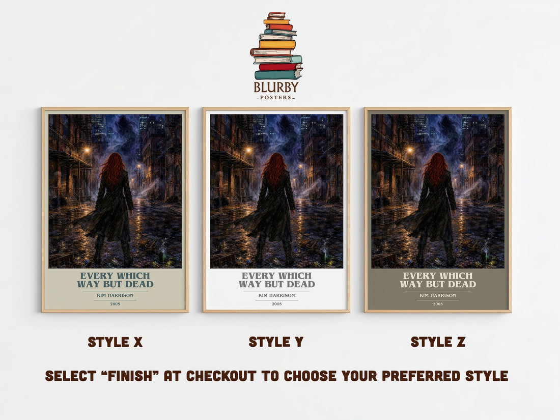 Every Which Way But Dead book cover print in frame leaning in hallway – fantasy wall art (mockup)