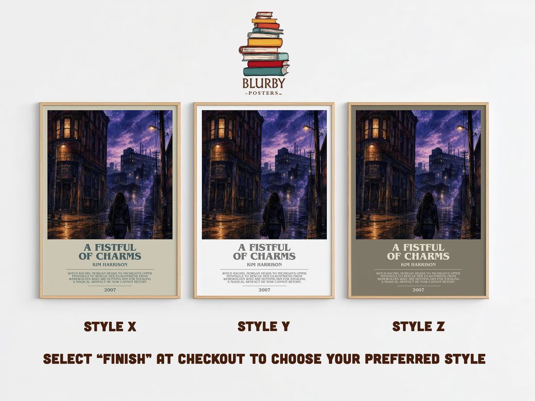 A Fistful of Charms bookish print in frame leaning in hallway – fantasy wall art (mockup)