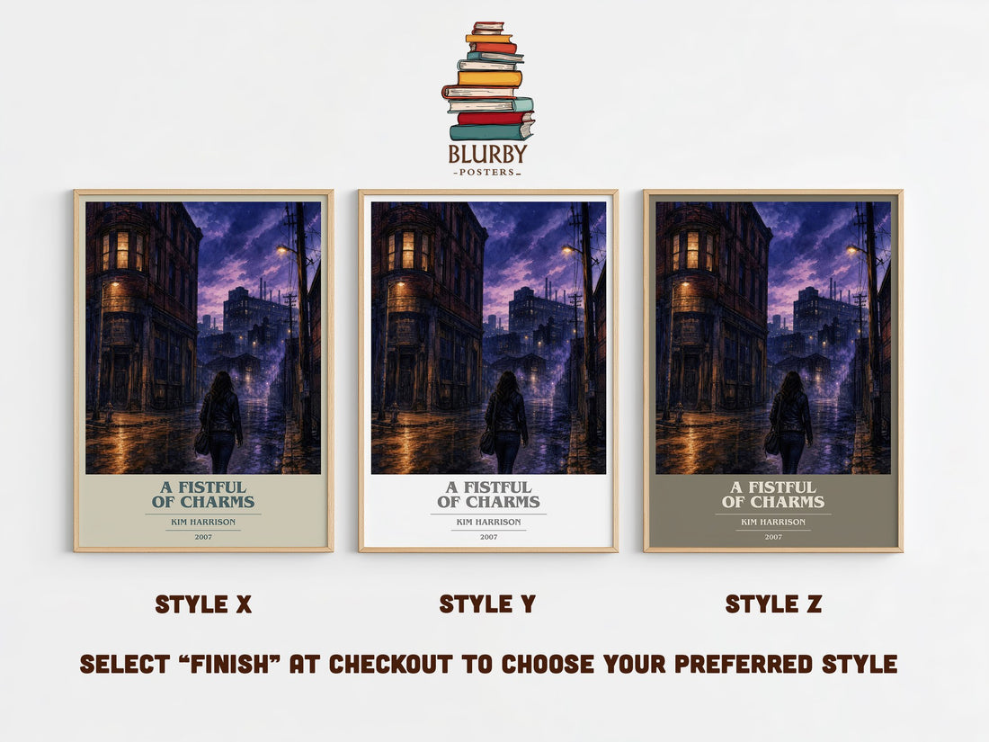 A Fistful of Charms book cover print in frame leaning in hallway – fantasy wall art (mockup)