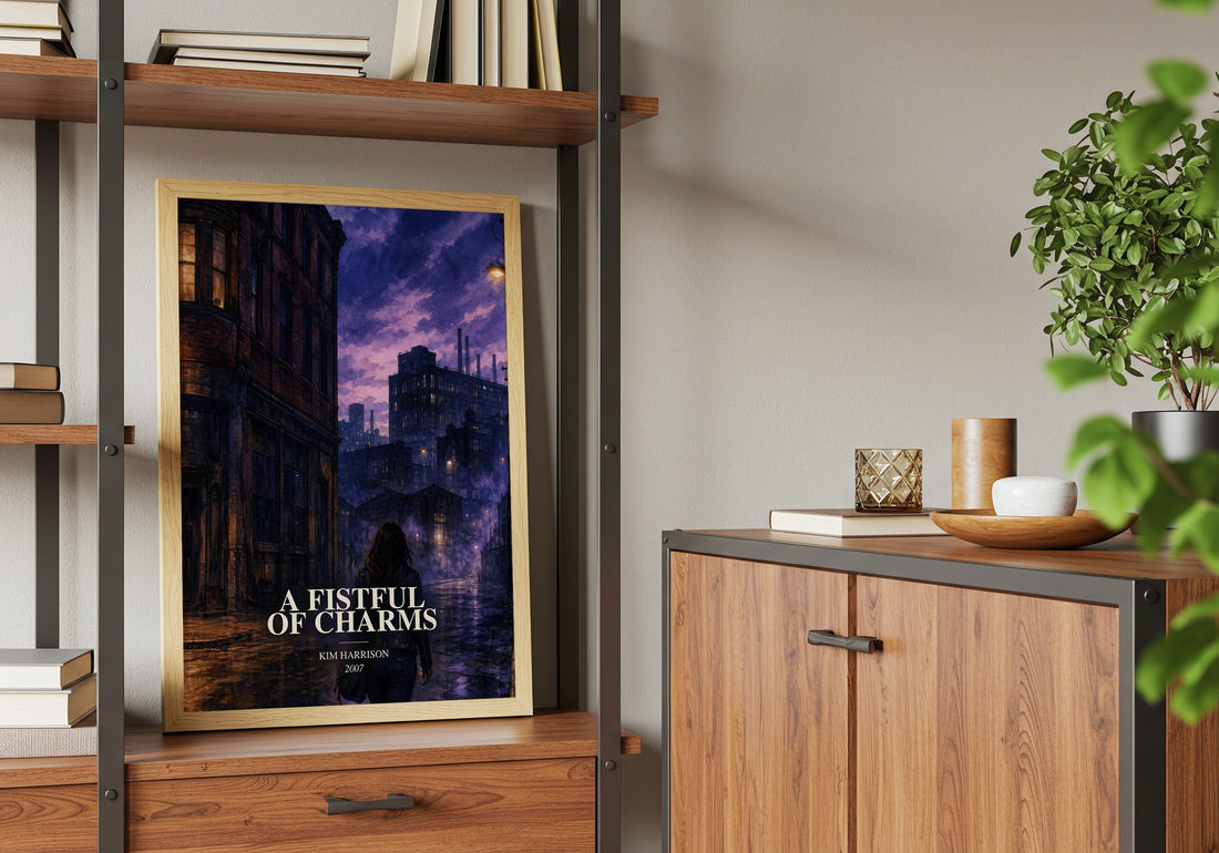 A Fistful of Charms Book Watercolour Illustration by Kim Harrison – framed print on a shelf by a wooden cabinet