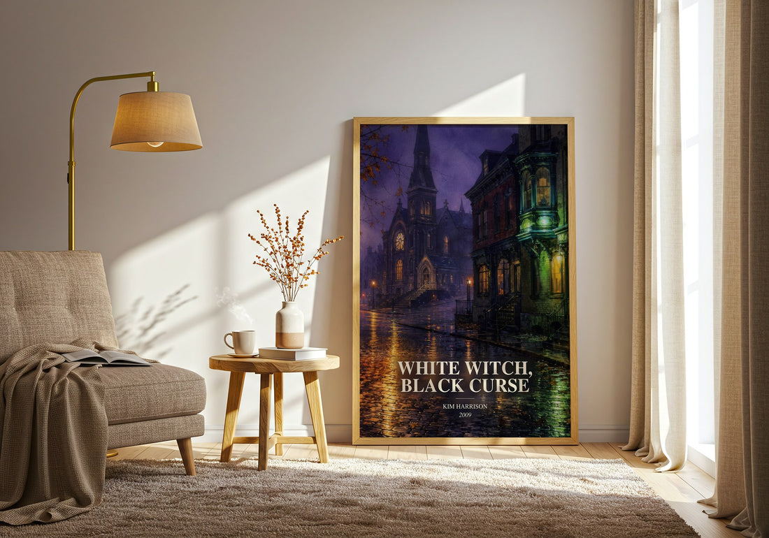 White Witch, Black Curse watercolour print in frame leaning in hallway – fantasy wall art (mockup)