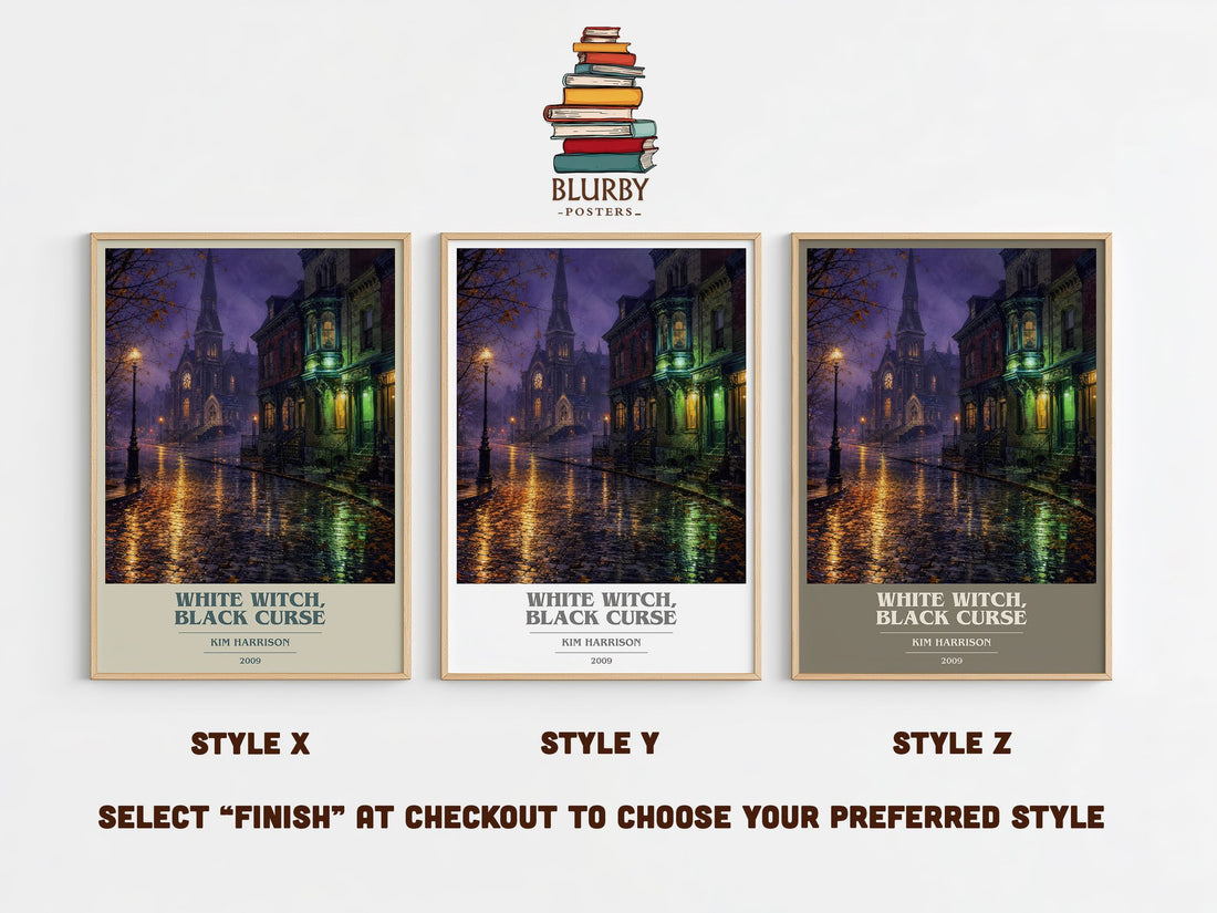 White Witch, Black Curse book cover print in frame leaning in hallway – fantasy wall art (mockup)