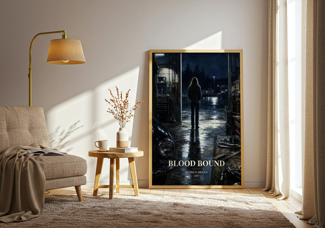 Blood Bound watercolour print in frame leaning in hallway – fantasy wall art (mockup)