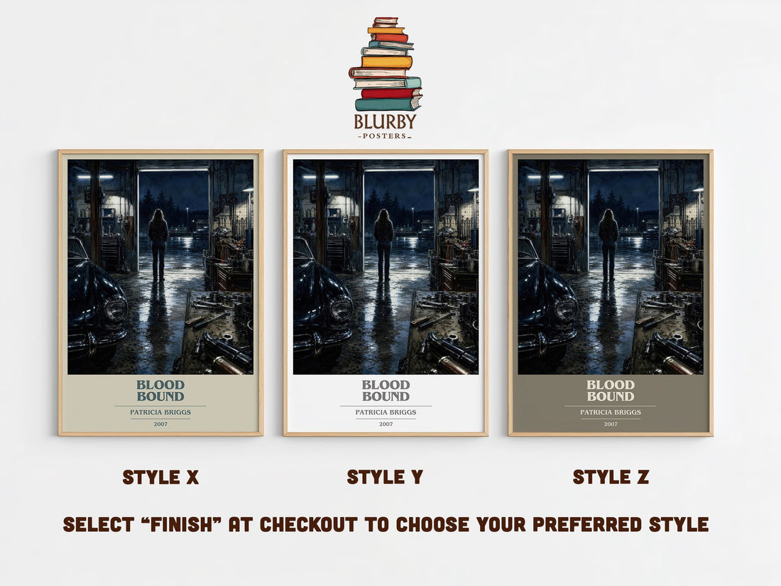 Blood Bound book cover print in frame leaning in hallway – fantasy wall art (mockup)