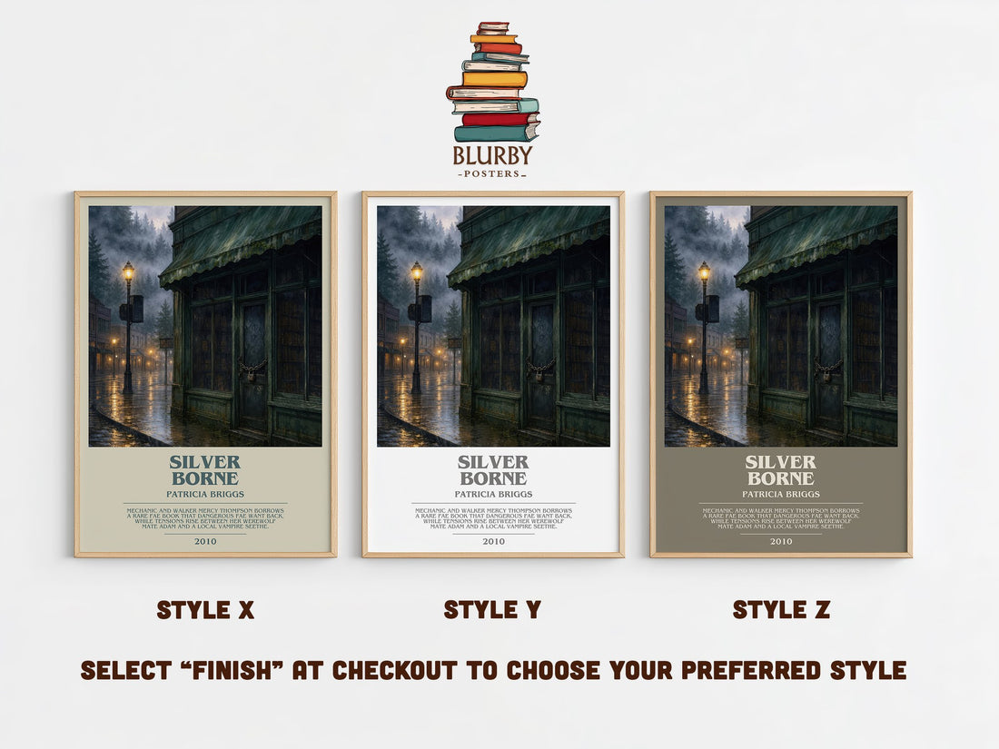 Silver Borne bookish print in frame leaning in hallway – fantasy wall art (mockup)