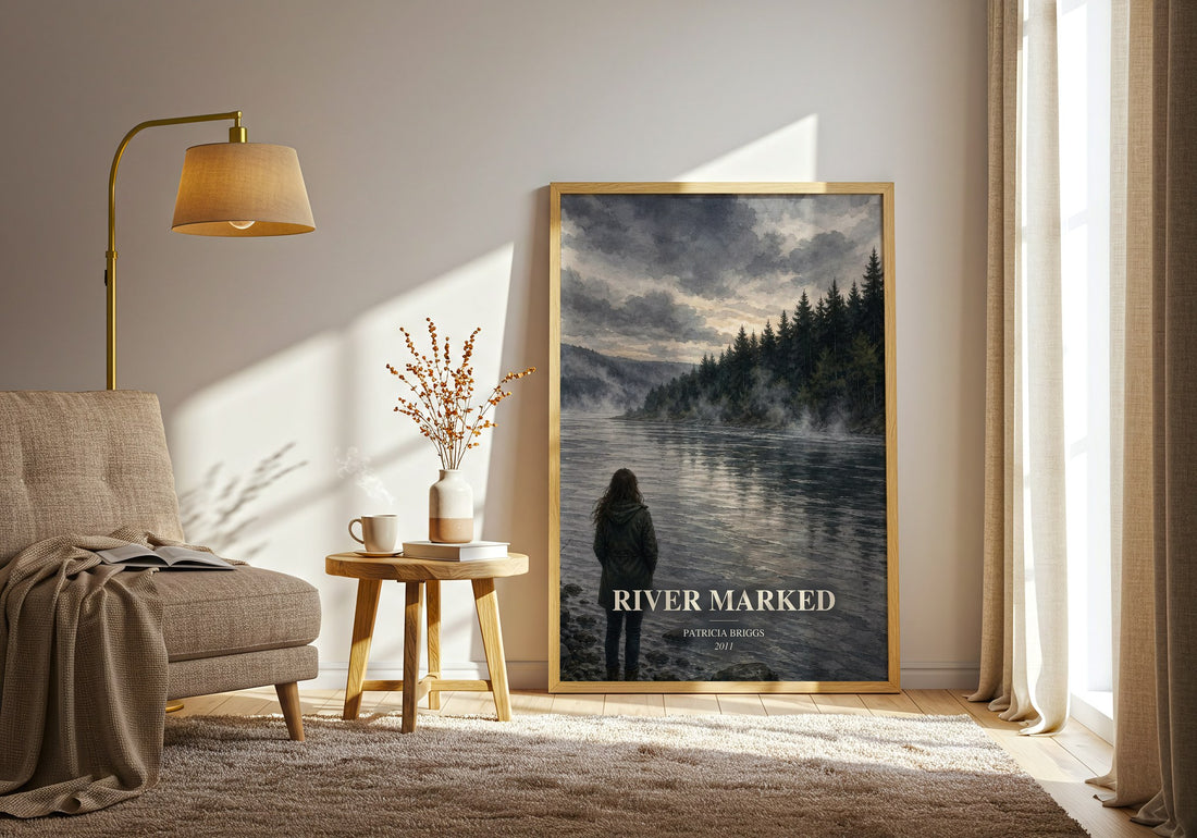 River Marked watercolour print in frame leaning in hallway – fantasy wall art (mockup)