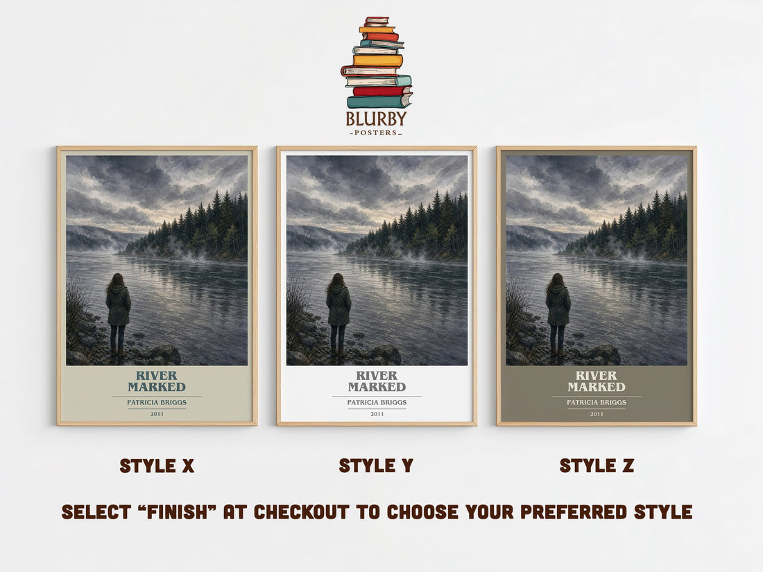 River Marked book cover print in frame leaning in hallway – fantasy wall art (mockup)