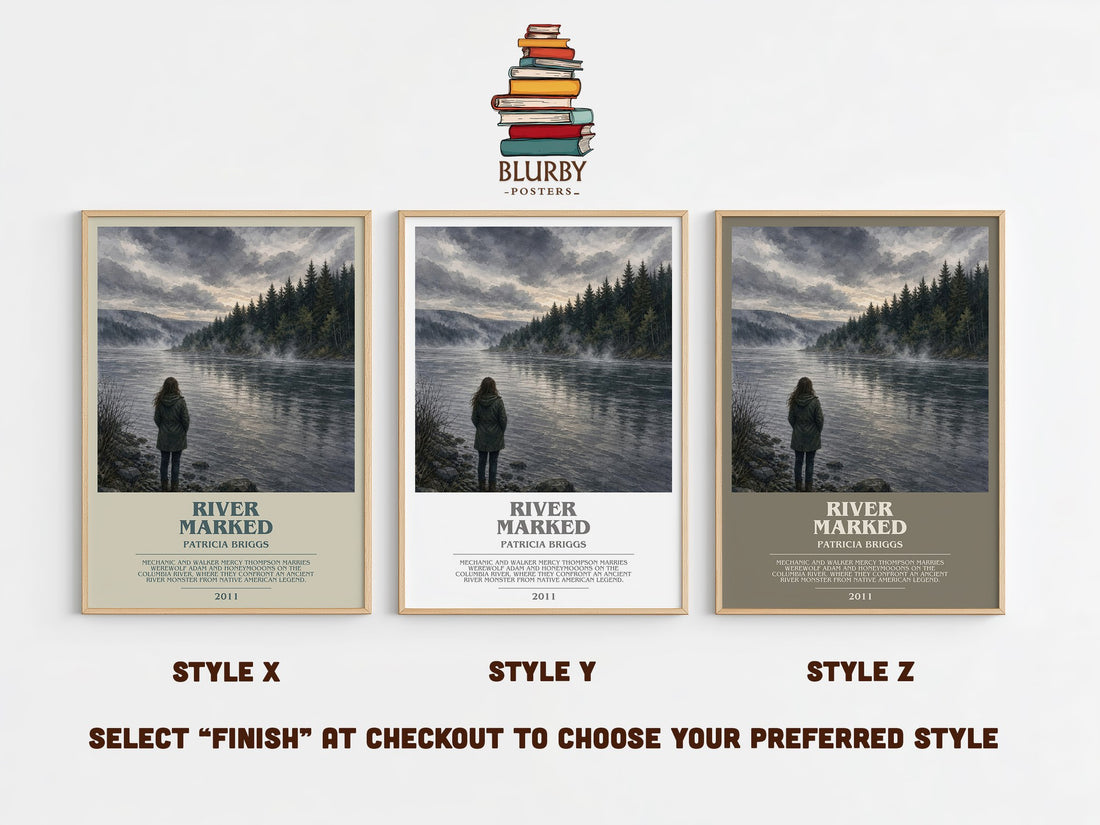 River Marked bookish print in frame leaning in hallway – fantasy wall art (mockup)