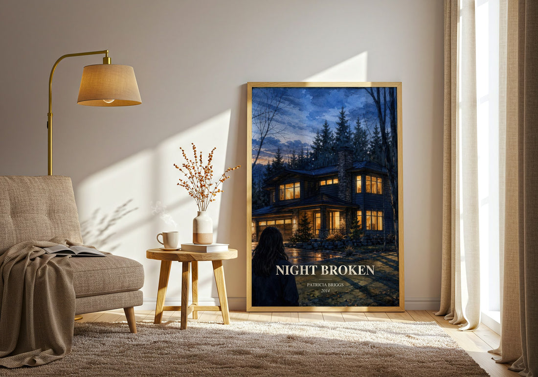 Night Broken watercolour print in frame leaning in hallway – fantasy wall art (mockup)