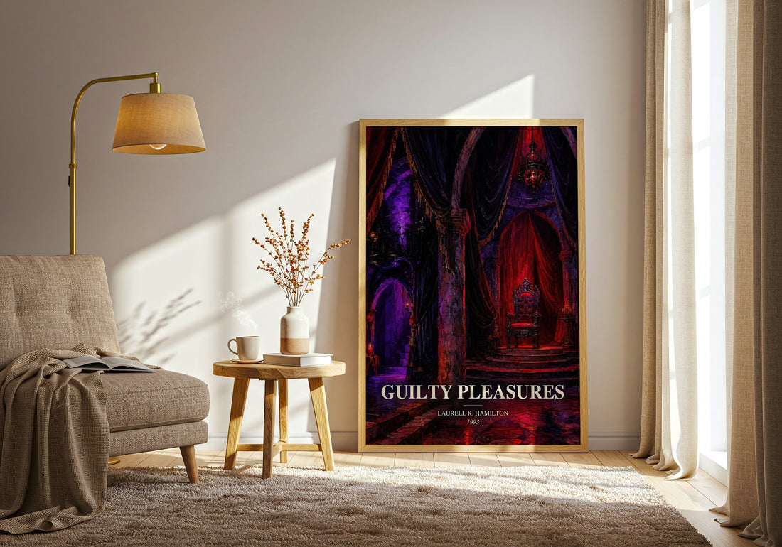 Guilty Pleasures watercolour print in frame leaning in hallway – fantasy wall art (mockup)