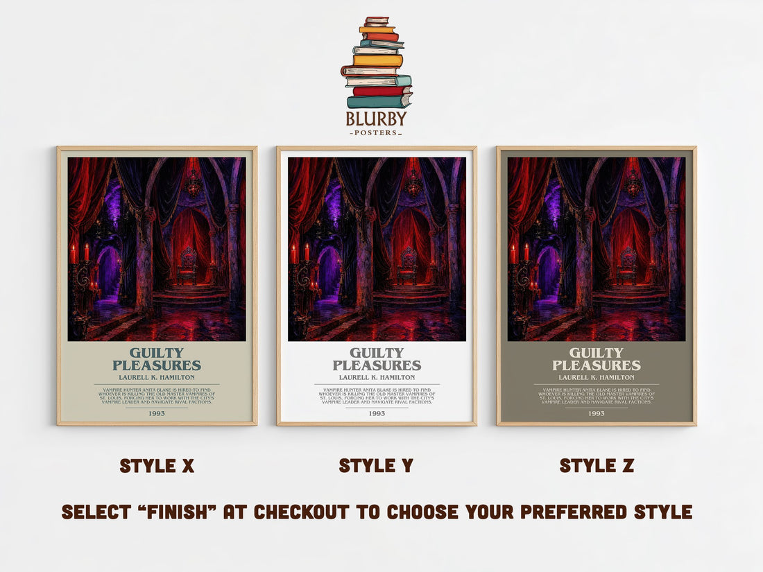 Guilty Pleasures bookish print in frame leaning in hallway – fantasy wall art (mockup)