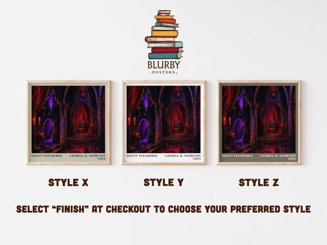 Guilty Pleasures literary print in frame leaning in hallway – fantasy wall art (mockup)