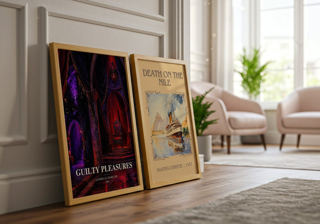 Guilty Pleasures watercolour print framed by window – literary home decor