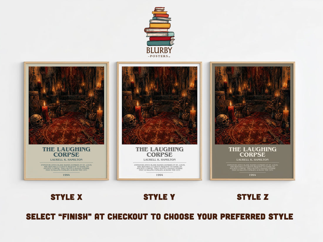 The Laughing Corpse bookish print in frame leaning in hallway – horror wall art (mockup)