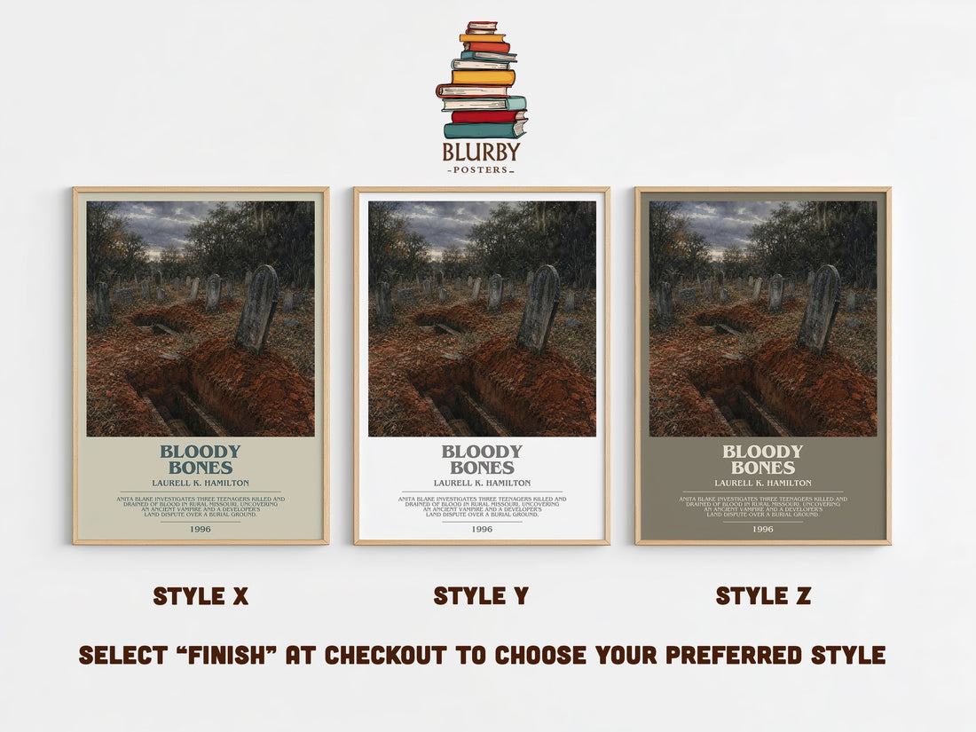 Bloody Bones bookish print in frame leaning in hallway – fantasy wall art (mockup)