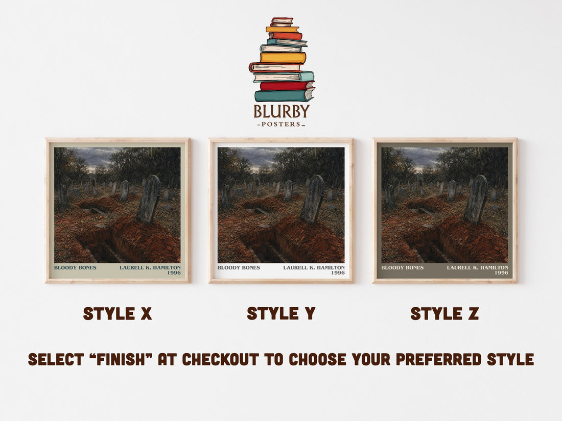 Bloody Bones literary print in frame leaning in hallway – fantasy wall art (mockup)