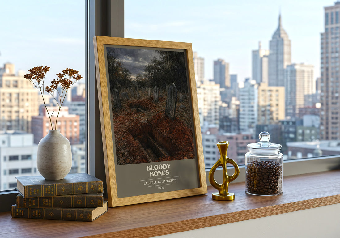 Bloody Bones book cover print framed by window – literary home decor