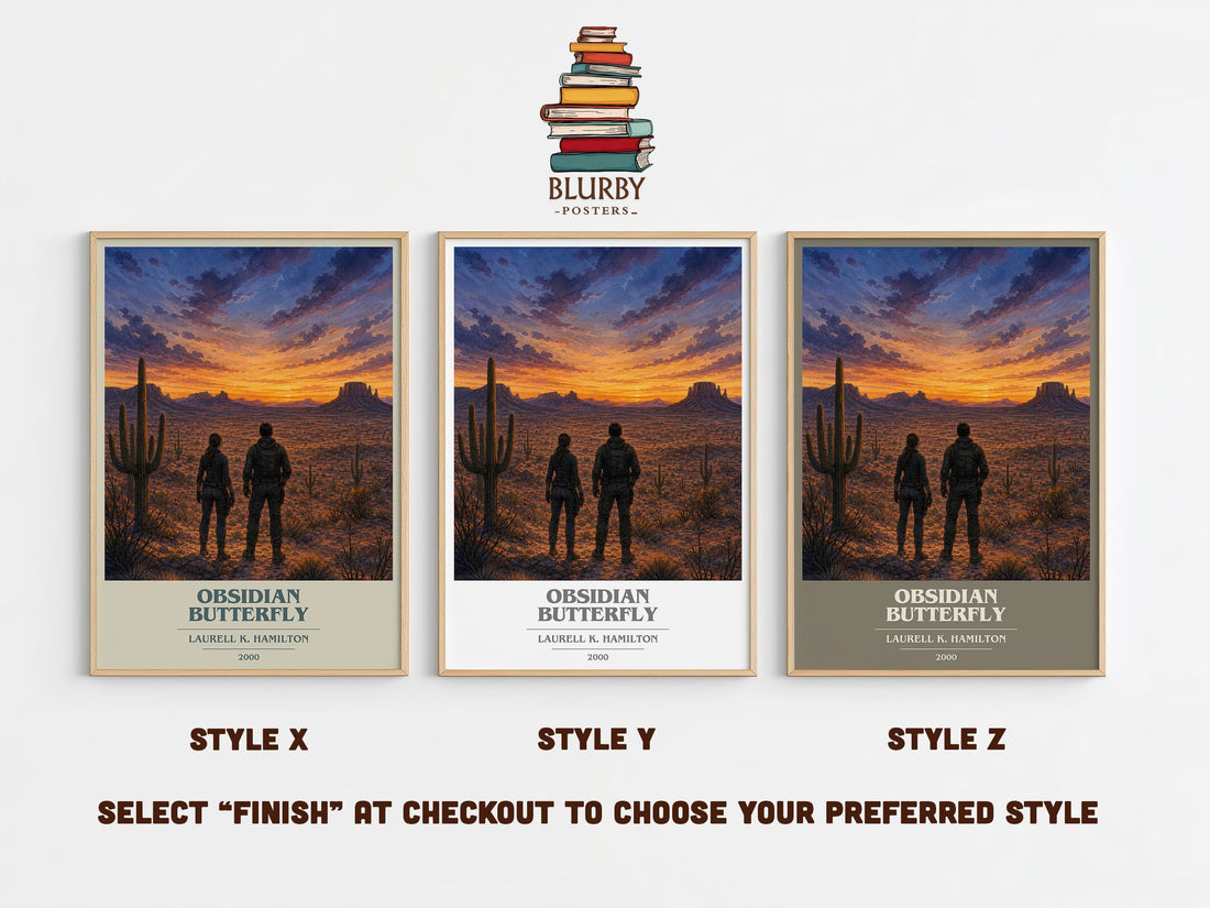 Obsidian Butterfly book cover print in frame leaning in hallway – horror wall art (mockup)