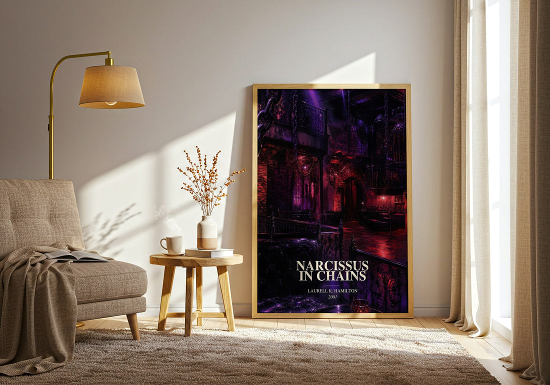 Narcissus in Chains watercolour print in frame leaning in hallway – fantasy wall art (mockup)